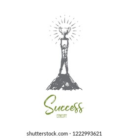 Success, leadership, goal, victory, winner concept. Hand drawn man with a winner cup concept sketch. Isolated vector illustration.