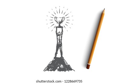 Success, leadership, goal, victory, winner concept. Hand drawn man with a winner cup concept sketch. Isolated vector illustration.
