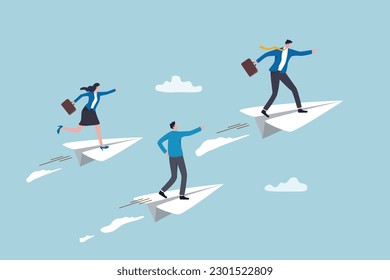 Success leadership to lead team to achieve goal, motivation or aspiration to drive company, teamwork or career opportunity concept, businessman ride paper airplane origami lead team flying to success.