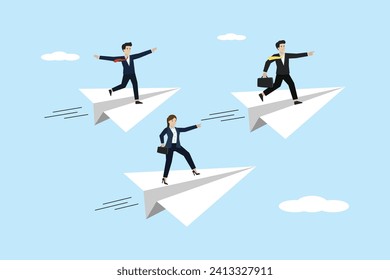 Success leadership to lead team to achieve goal, teamwork or career opportunity concept, businessman ride paper airplane origami lead team flying to success.