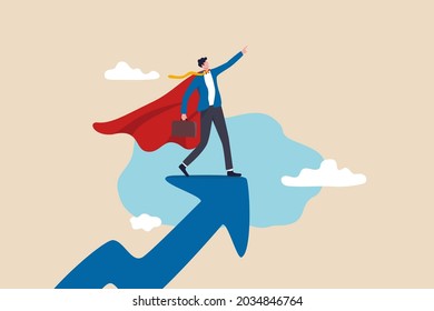 Success leadership leading business growth strategy, company hero who succeed in work and achieve career growth concept, confident businessman superhero with powerful red cape stand on growth arrow