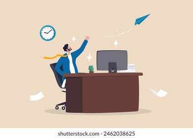 Success leadership or positive office atmosphere, winning work strategy, happiness in workplace or career development, work satisfaction concept, happy businessman working with office computer desk.