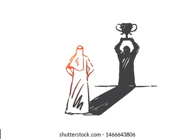 Success, leadership, self-confidence concept sketch. Arab in niqab standing and looking at his shadow as winner with first prize cup. Hand drawn isolated vector illustration