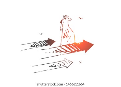 Success, leadership, startup, research concept sketch. Business people Arabian and European going forward on growth indicators. Hand drawn isolated vector illustration