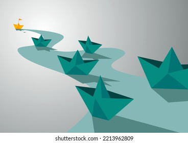success leadership, a yellow paper boat floating in front of green paper boats on a winding river, vector illustration.