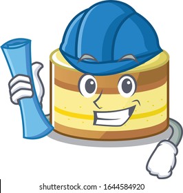 A success of lemon cake Architect having blue prints and blue helmet