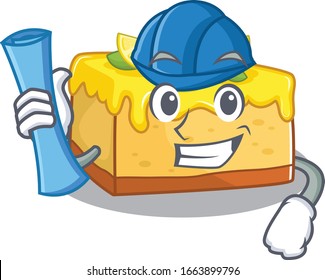 A success of lemon cheesecake Architect having blue prints and blue helmet