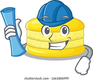 A success of lemon macaron Architect having blue prints and blue helmet
