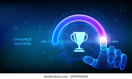 Success level growth. Increasing Success Level. Wireframe hand is pulling up to the maximum position circle progress bar with the Trophy cup icon. Business achievement concept. Vector illustration.