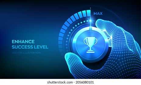 Success levels knob button. Increasing Success Level. Wireframe hand turning a test knob with the Trophy cup icon to the maximum position. Business achievement concept. Vector illustration.