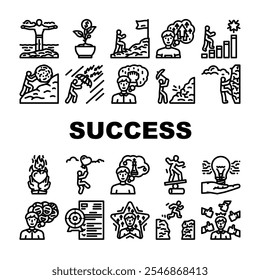 sucesso vida realização objetivo ícones definir vetor. motivação ambição, perseverança disciplina, foco crescimento, mentalidade, resiliência sucesso vida realização meta contorno preto ilustrações