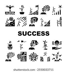 sucesso realização da vida objetivo ícones definir vetor. motivação ambição, perseverança disciplina, foco crescimento, mentalidade, resiliência sucesso realização da vida objetivo glifo pictograma Ilustrações