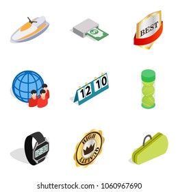 Success in life icons set. Isometric set of 9 success in life vector icons for web isolated on white background
