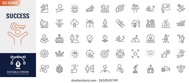 Conjunto de iconos editables de línea de éxito. Contiene logros, éxito, estrategia, ganador, trabajo en equipo, objetivo, lluvia de ideas y más. Ilustración vectorial