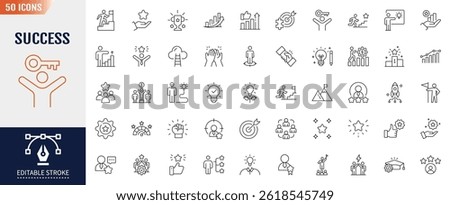 Success line editable icon set. Containing achievement, successful, strategy, winner, teamwork, goal, brainstorm and more. Vector illustration