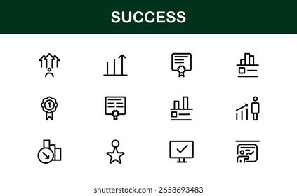 "Success Line Icon Collection - Ilustrações únicas, limpas e criativas de motivação, progresso, ambição e realização de negócios em estilo outline
"