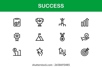 "Success Line Icon Collection - Ilustrações únicas, limpas e criativas de motivação, progresso, ambição e realização de negócios em estilo outline
"