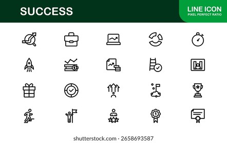 "Success Line Icon Collection – Unique, clean, and creative illustrations of motivation, progress, ambition, and business accomplishment in outline style
"