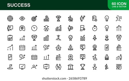 "Colección del icono de la línea de éxito: ilustraciones únicas, limpias y creativas de motivación, progreso, ambición y logros comerciales en estilo de contorno
"