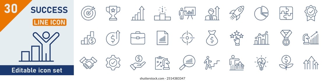 Success line icon set. Set of 30 outline icons related to progress, career, growth, profit and others. Success outline icons collection. Vector illustration.