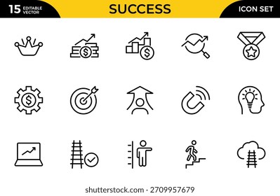 Conjunto de ícones de linha de sucesso. Ícone de IU grande definido em um design plano. Pacote fino de ícones de estrutura de tópicos. Ilustração vetorial