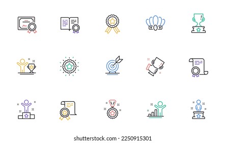 Success line icons set. Certificate, winner cup, goal target. Reward, medal with ribbon, crown icons. Award, winner podium, first place success. Statue, diploma with certificate, challenge. Vector