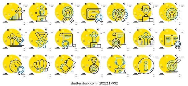Success line icons. Winner cup, goal target, certificate. Reward, medal with ribbon, crown icons. Award, winner podium, first place success. Statue, diploma with certificate, challenge. Vector