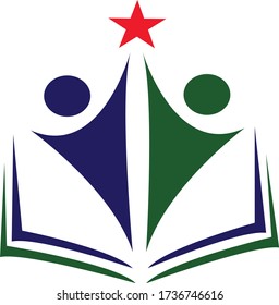 Success logo design stock vector with characters reaching for star with open book.