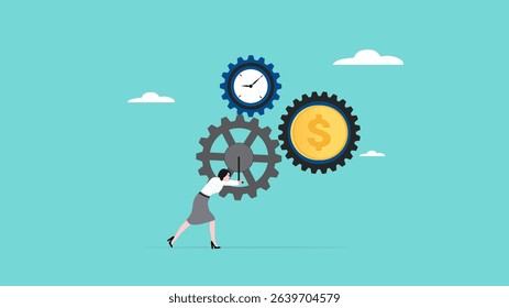 success long term investment with effort, hard work and time to make money, business woman with full effort turn the gear cogs to spin time and money gears concept vector illustration