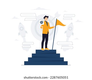 Success male entrepreneur, man leadership or challenge and achievement, success businessman on top of career staircase holding winning flag looking for future visionary concept illustration