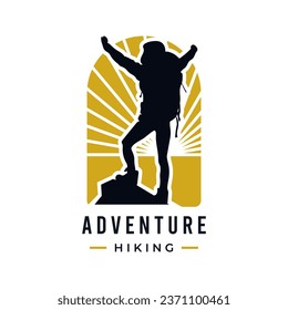 Success man with backpack hiking reach top of mountain silhouette. Outdoor adventure logo design vector illustration
