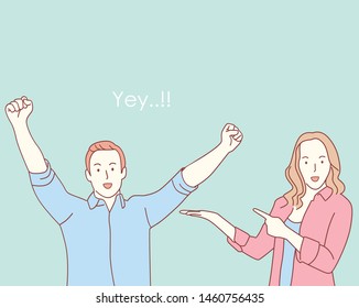success man hanging hand up. with woman beside . line art with pastel colour