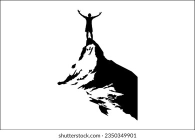 Success: A man stands on top of a mountain and raises his arms because he is happy that he has achieved his goal.