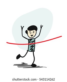 Success Man winning race and coming first to finish red ribbon. Cartoon Vector background.