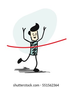 Success Man winning race and coming first to finish red ribbon. Cartoon Vector background.