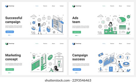 Success of marketing campaign, analytics system, promotion set vector illustration. Cartoon tiny people with magnifying glass in search of growth strategy, research results of financial charts