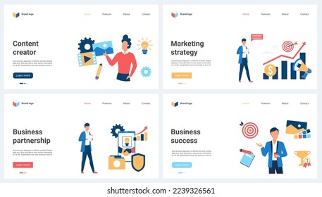 Success of marketing strategy, creation of content and business partnership set vector illustration. Cartoon tiny people and partners work for profit growth, creator and influencer in social media