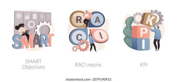 Success Measurement Abstract Concept Vector Illustration Set. SMART Objectives, RACI Matrix, KPI Relevant Strategy, Responsibility Chart, Project Management, Company Growth Abstract Metaphor.