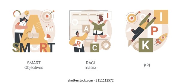 Success Measurement Abstract Concept Vector Illustration Set. SMART Objectives, RACI Matrix, KPI Relevant Strategy, Responsibility Chart, Project Management, Company Growth Abstract Metaphor.