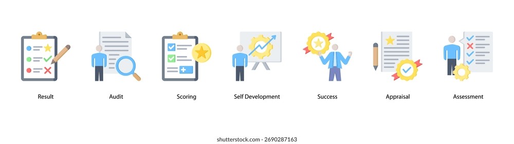 Success Measurement web banner icon vector illustration featuring Result, Audit, Scoring, Self Development, Success, Appraisal, and Assessment.