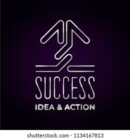 Success Metallic Silver Style Hand Crafted Logo Lettering with Interlacing Arrows Symbolizing Idea and Action Concept - Silver Elements on Purple Stripes Background - Vector Gradient Graphic Design