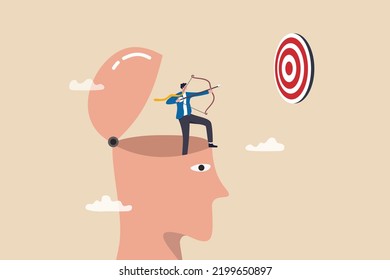 Success mindset, attitude to achieve goal or target, challenge to succeed in work, growth mindset or thought leader and determination concept, courage businessman archery aiming bot to hit target.