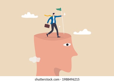 Success mindset, mentor or inspiration to succeed in work or business, growth and career development concept, success businessman climbing on top of his mind holding winning flag for business goal.