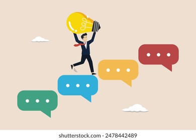 Success motivation, comment, communication to support employee concept, businessman jumping on suggestion speech bubble bringing idea light bulb.