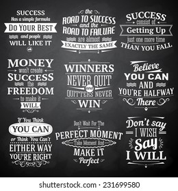 Success motivational and inspirational quotes chalkboard emblems set isolated vector illustration