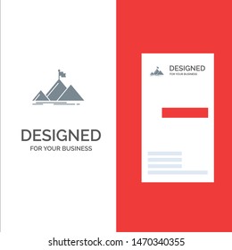Success, Mountain, Peak, Flag,  Grey Logo Design and Business Card Template. Vector Icon Template background