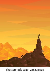 success of mountaineer, orange sky scene, vector illustration