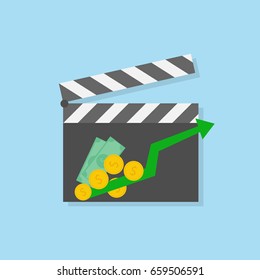 Success Movie Concept. Clapper Board With Growth Charts And Money