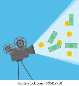 success movie concept. movie film projector and money