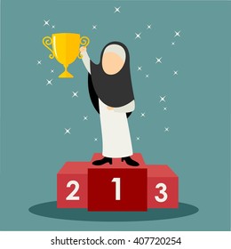 Success muslim businesswoman character standing in a podium holding up a trophy as she celebrates her victory vector illustration.